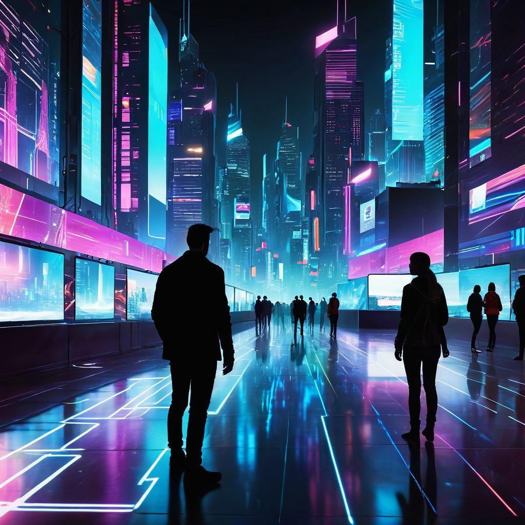 A futuristic cityscape where glowing digital pathways connect various sleek, modern buildings and people using advanced mobile devices and interactive web screens in sync. Holographic interfaces pop up around individuals, illustrating seamless integration of mobile and web technologies. vibrant colors. super-realistic. cyberpunk.