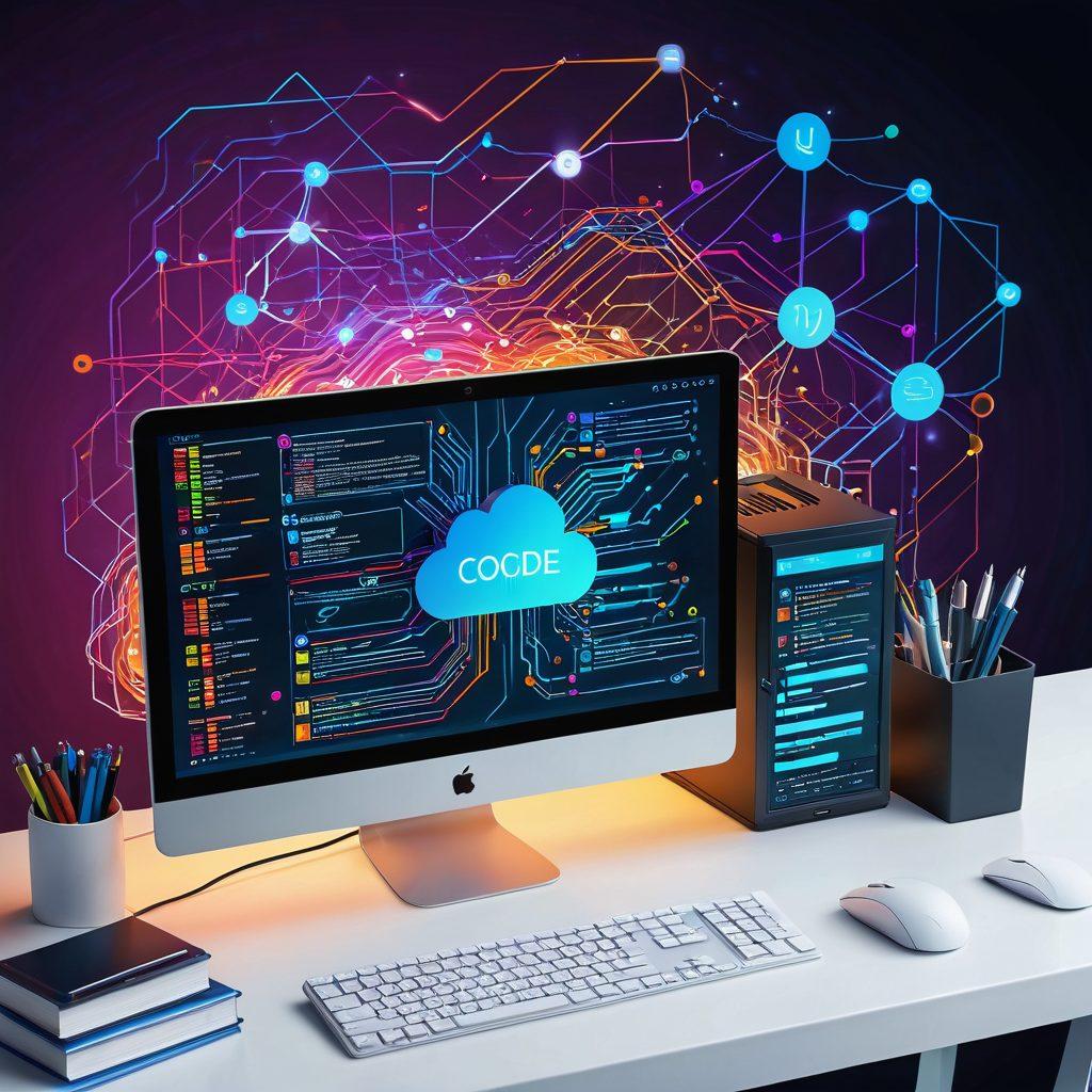 A dynamic multi-layered scene showing a sleek, modern computer with code on the screen, various UI design tools, and components scattered around. In the background, a glowing network topology connects to cloud servers, symbolizing full-stack engineering. The workspace is bustling with energy and creativity. vector art. vibrant colors. white background.